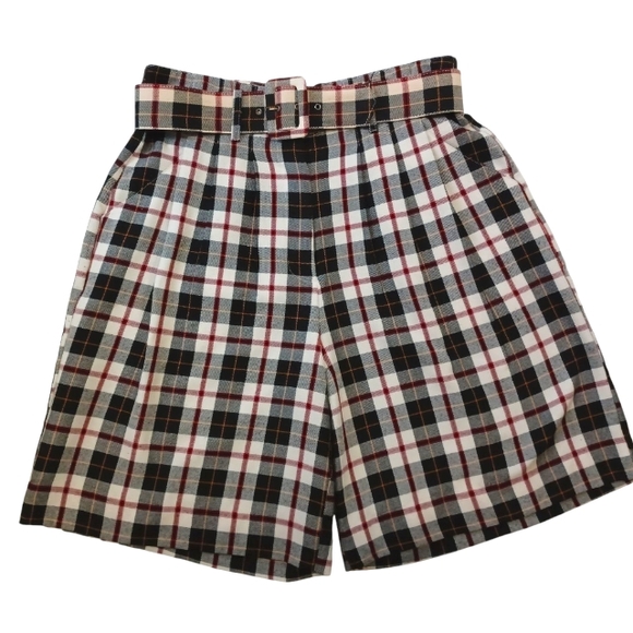 The Limited Pants - VINTAGE 80s 90s Black, White & Red Plaid High-Waisted Belted Shorts